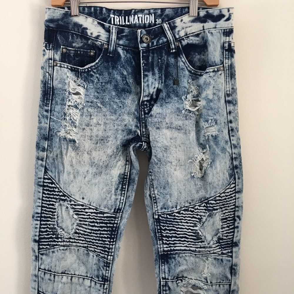 Trillnation Men’s Low Rise Acid Wash Moto Jeans | 30